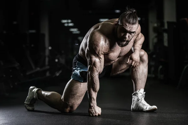 Schöner fitter kaukasischer muskulöser Mann, der seine Muskeln im Fitnessstudio spielen lässt — Stockfoto