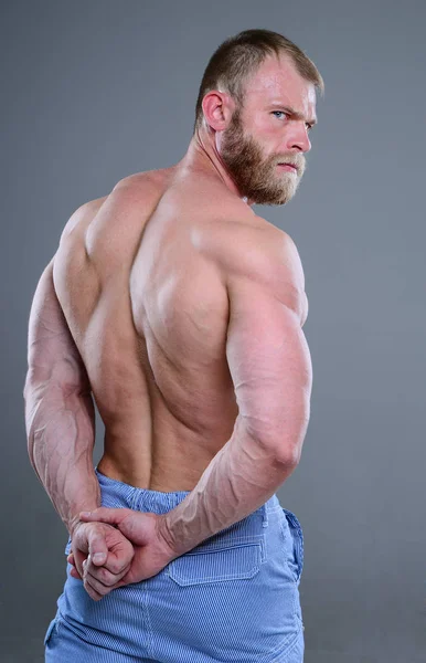 Жорстокий м'язистий чоловік в студії на сірому фоні фітнес-модель — стокове фото