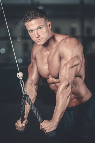 Brutal caucásico guapo fitness hombres en dieta entrenamiento tríceps g —  Fotos de Stock