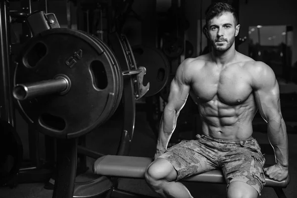 Caucasian sexy fitness model in gym close up ab Stock Photo by