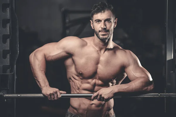 Caucasian sexy fitness male model execute exercise with barbell