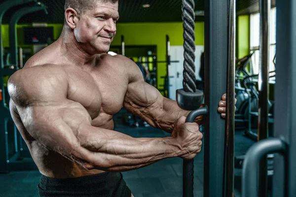 Brutal Caucasian bodybuilder working out in gym