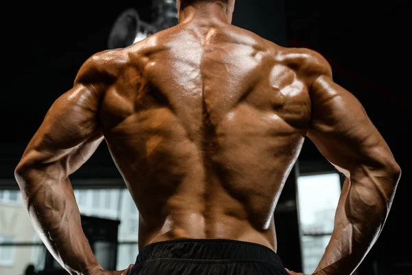 Bello modello giovane uomo formazione indietro in palestra — Foto Stock