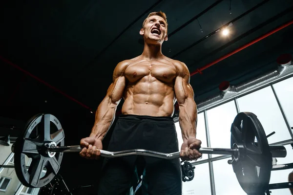 Yakışıklı model genç adam eğitim kollarında spor salonu