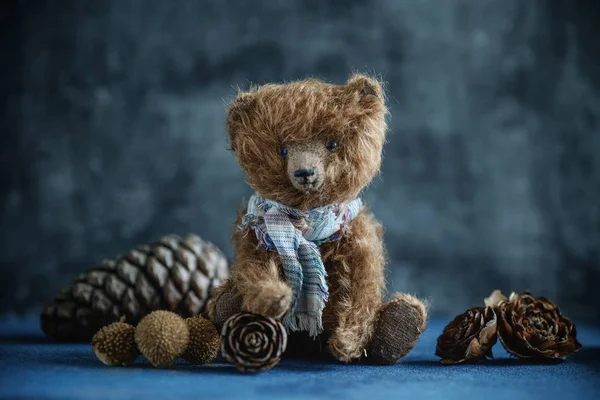 Handmade toy teddy bear brown plush pine cones — Stock Photo, Image