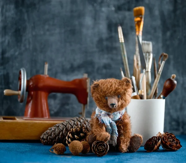 Handmade toy teddy bear brown plush pine cones