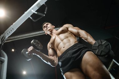 Yakışıklı model genç adam eğitim kollarında spor salonu