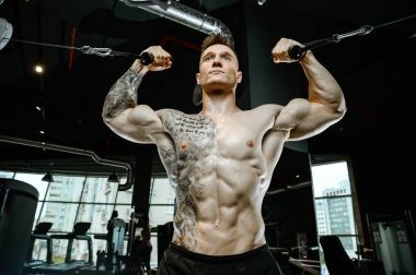 Yakışıklı model genç adam eğitim kollarında spor salonu