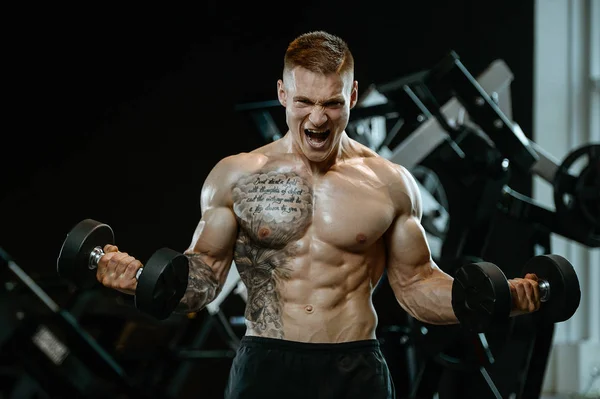 Guapo modelo joven entrenamiento brazos en el gimnasio — Foto de Stock