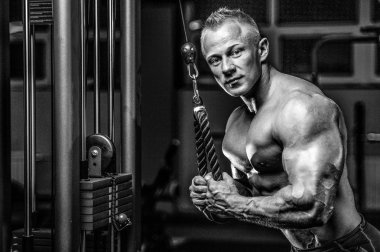 Yakışıklı model genç adam eğitim kollarında spor salonu