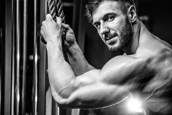 Handsome model young man training arms in gym