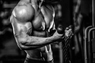 Yakışıklı model genç adam eğitim kollarında spor salonu