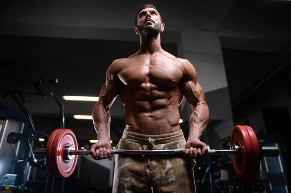 Σέξι bodybuilder ισχυρή άντληση τους μυς με dum αθλητική ανδρών — Φωτογραφία Αρχείου