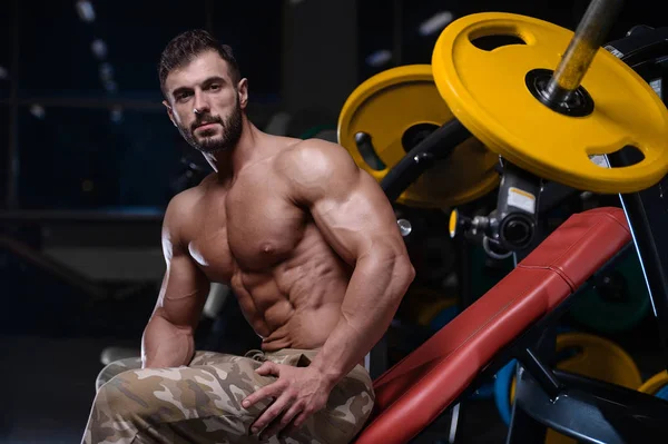 Σέξι bodybuilder ισχυρή άντληση τους μυς με dum αθλητική ανδρών — Φωτογραφία Αρχείου