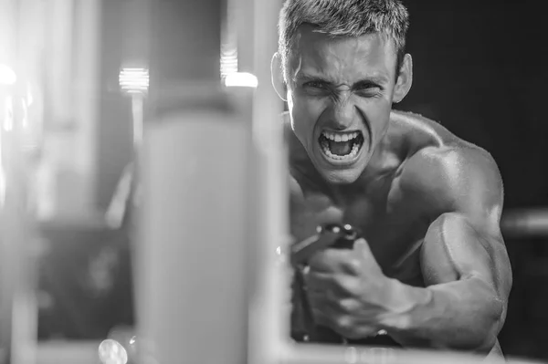 Bonito modelo jovem treinando de volta no ginásio — Fotografia de Stock