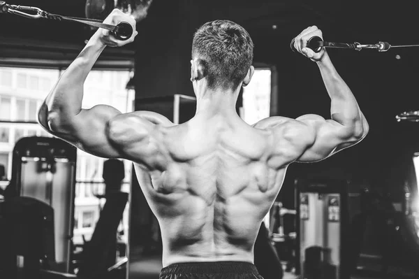 Handsome model young man training back in gym — Stock Photo, Image