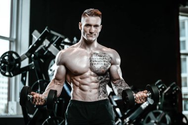 Yakışıklı model genç adam eğitim kollarında spor salonu