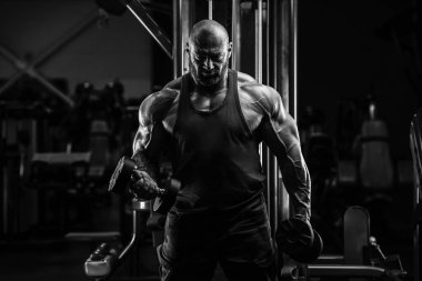 Vücut geliştirici yakışıklı güçlü atletik adam kasları şişiriyor kasları çalıştırıyor vücut geliştirme konsepti arka planda - kaslı fitness adamları spor salonunda çıplak bedende kol egzersizi yapıyor.