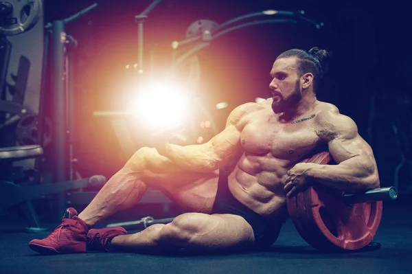 Bodybuilder Sterke Atletische Ruwe Man Met Proteïne Poeder Training Fitness — Stockfoto
