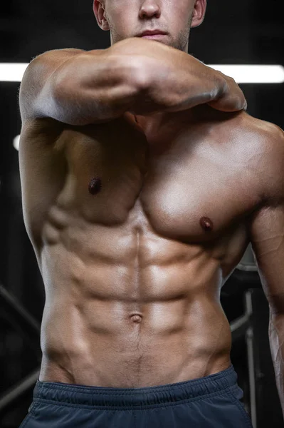 Bodybuilder Handsome Strong Athletic Rough Man Pumping Abs Muscles Workout — Stock Photo, Image