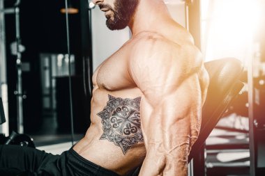 Vücut geliştirici yakışıklı güçlü atletik sert adam kaslarını şişiriyor kaslarını çalıştırıyor sağlıklı bir vücut geliştirme konsepti geliştiriyor kaslı fitness adamları spor salonunda çıplak bedende kol egzersizleri yapıyor.