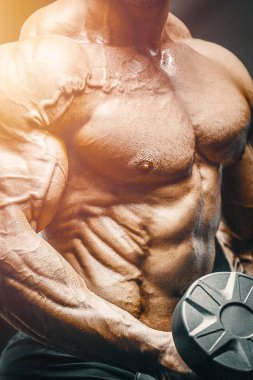 Vücut geliştirici yakışıklı güçlü atletik sert adam kaslarını şişiriyor kaslarını çalıştırıyor sağlıklı bir vücut geliştirme konsepti geliştiriyor kaslı fitness adamları spor salonunda çıplak bedende kol egzersizleri yapıyor.