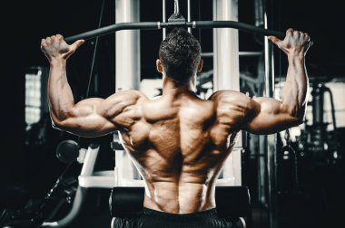 Vücut geliştiren yakışıklı, güçlü, atletik, kas geliştiren, spor yapan, vücut geliştiren, sağlıklı bir konsept geçmişi olan, spor salonunda çıplak bedende kol egzersizi yapan, kaslı, formda adamlar.