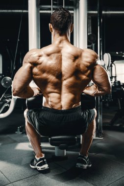 Vücut geliştiren yakışıklı, güçlü, atletik, kas geliştiren, spor yapan, vücut geliştiren, sağlıklı bir konsept geçmişi olan, spor salonunda çıplak bedende kol egzersizi yapan, kaslı, formda adamlar.