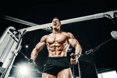 Kablolu TV 'deki kaslı vücut geliştirici fitness adamları kaslarını şişiriyor. Vücut geliştirme egzersizleri ve vücut geliştirme konsepti - Spor salonunda çıplak vücut egzersizleri yapan yakışıklı atletik erkekler