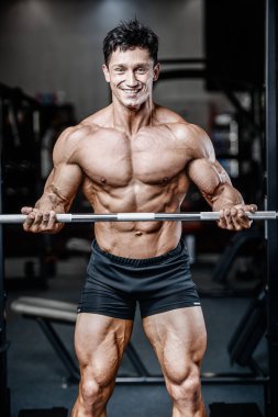 Vücut geliştirici yakışıklı güçlü atletik sert adam kaslarını şişiriyor kaslarını çalıştırıyor sağlıklı bir vücut geliştirme konsepti geliştiriyor kaslı fitness adamları spor salonunda çıplak bedende kol egzersizleri yapıyor.
