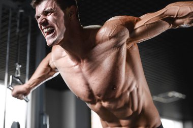 Vücut geliştiren yakışıklı, güçlü, atletik, kas geliştiren, spor yapan, vücut geliştiren, sağlıklı bir konsept geçmişi olan, spor salonunda çıplak bedende kol egzersizi yapan, kaslı, formda adamlar.