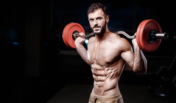 Bodybuilder Handsome Strong Athletic Rough Man Pumping Abs Muscles Workout — Stock Photo, Image