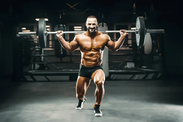 Homem Bombeamento Para Cima Músculos Perna Treino Fitness Musculação Conceito — Fotografia de Stock