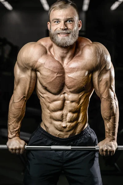 Bodybuilder Schöner Starker Athletischer Rauer Mann Der Bauchmuskeln Hochpumpt Workout — Stockfoto