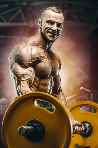 Bodybuilder Handsome Strong Athletic Rough Man Pumping Muscles Workout Fitness — Stock Photo, Image
