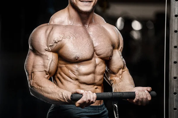 Bodybuilder Handsome Strong Athletic Rough Man Pumping Biceps Muscles Workout — Stock Photo, Image