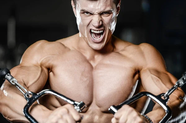 Bodybuilder Handsome Strong Athletic Rough Man Pumping Muscles Workout Fitness — Stock Photo, Image