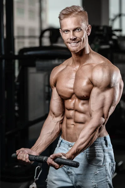 Bodybuilder Handsome Strong Athletic Rough Man Pumping Biceps Muscles Workout — Stock Photo, Image