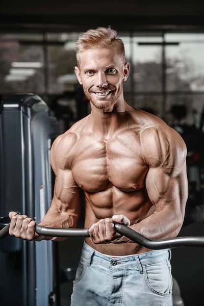 Bodybuilder Handsome Strong Athletic Rough Man Pumping Biceps Muscles Workout — Stock Photo, Image