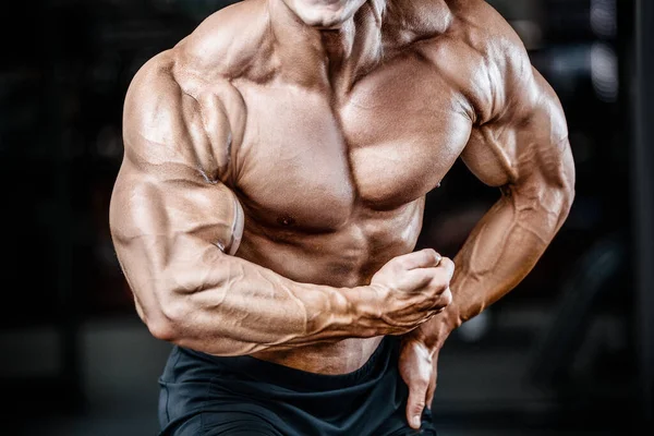 Bodybuilder Handsome Strong Athletic Rough Man Pumping Shoulder Muscles Workout — Stock Photo, Image