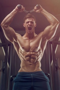 Vücut geliştirici yakışıklı güçlü atletik sert adam triceps kaslarını şişiriyor vücut geliştirme konsepti sağlıklı tasarım - kaslı fitness erkekler spor salonunda çıplak gövde egzersizleri yapıyor
