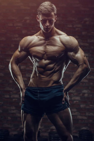 Bodybuilder Handsome Strong Athletic Rough Man Pumping Abs Muscles Workout — Stock Photo, Image