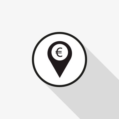 Arka planda uzun bir gölge ile vektör simge işaret konum simgesini Euro