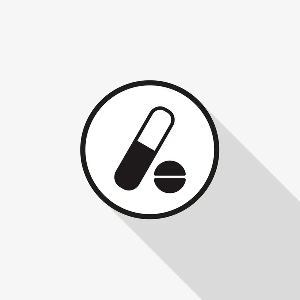 Pílula de medicina ícone vetorial com uma longa sombra no fundo —  Vetores de Stock