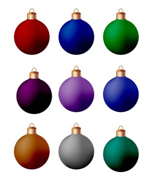 Beyaz arkaplan vektör illüstrasyon setine izole edilmiş Noel ağacı süslemeleri. Kış tatilleri ve kutlamalar konsepti. Balolar, yıldızlar, buz saçağı dekoru.