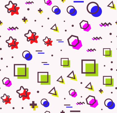 Kaotik zigzag, dalga, daire, artı, kumaş haçı memphis dikişleri deseni.