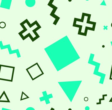 Kaotik zigzag, dalga, daire, artı, kumaş haçı memphis dikişleri deseni.