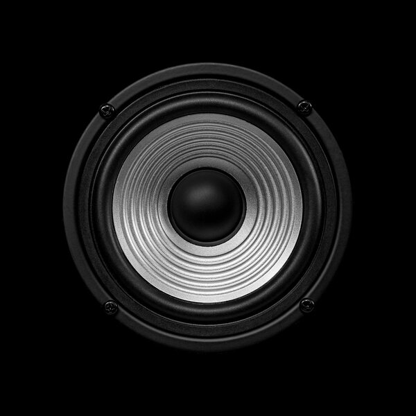 Frontal image audio speaker with undulating membrane. Photo black and white, isolated on a black background.