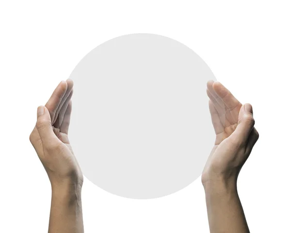 Två händer håll grå, genomskinligt, runda objekt — Stockfoto