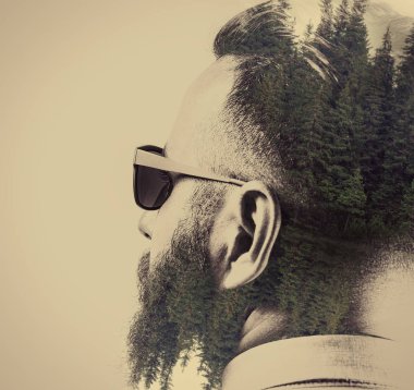 Portrait of a bearded man with multiple exposures. clipart